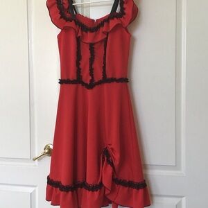 Red Dress with Black Lace Trim - Size 12